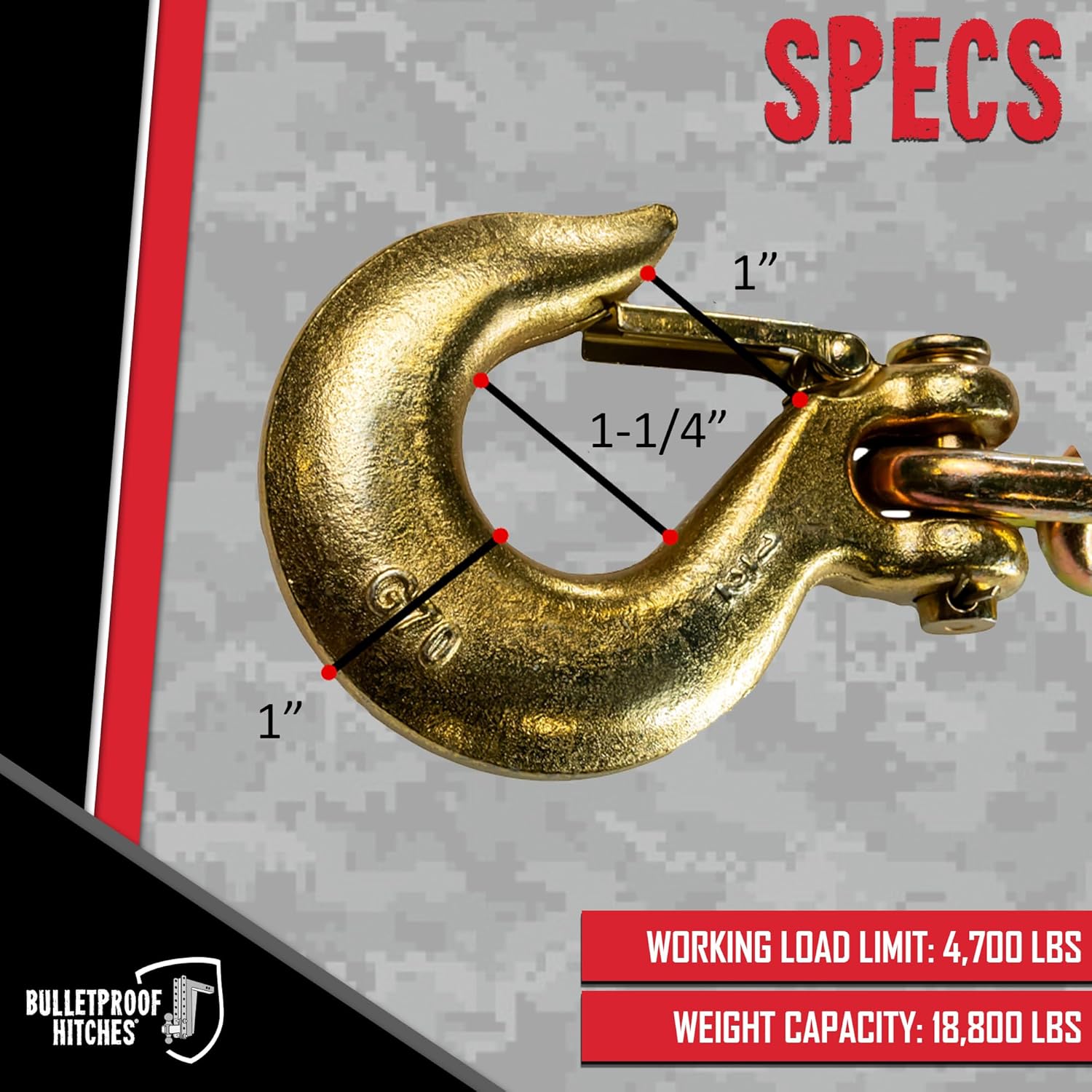 BulletProof Hitches - 5/16" Trailer Safety Chains with Hooks - Grade 70 Trailer Chains with Hooks - Rated to 18,800 lbs with a Working Load Limit of 4,700 lbs - Gold Chromate, Corrosion Resistant