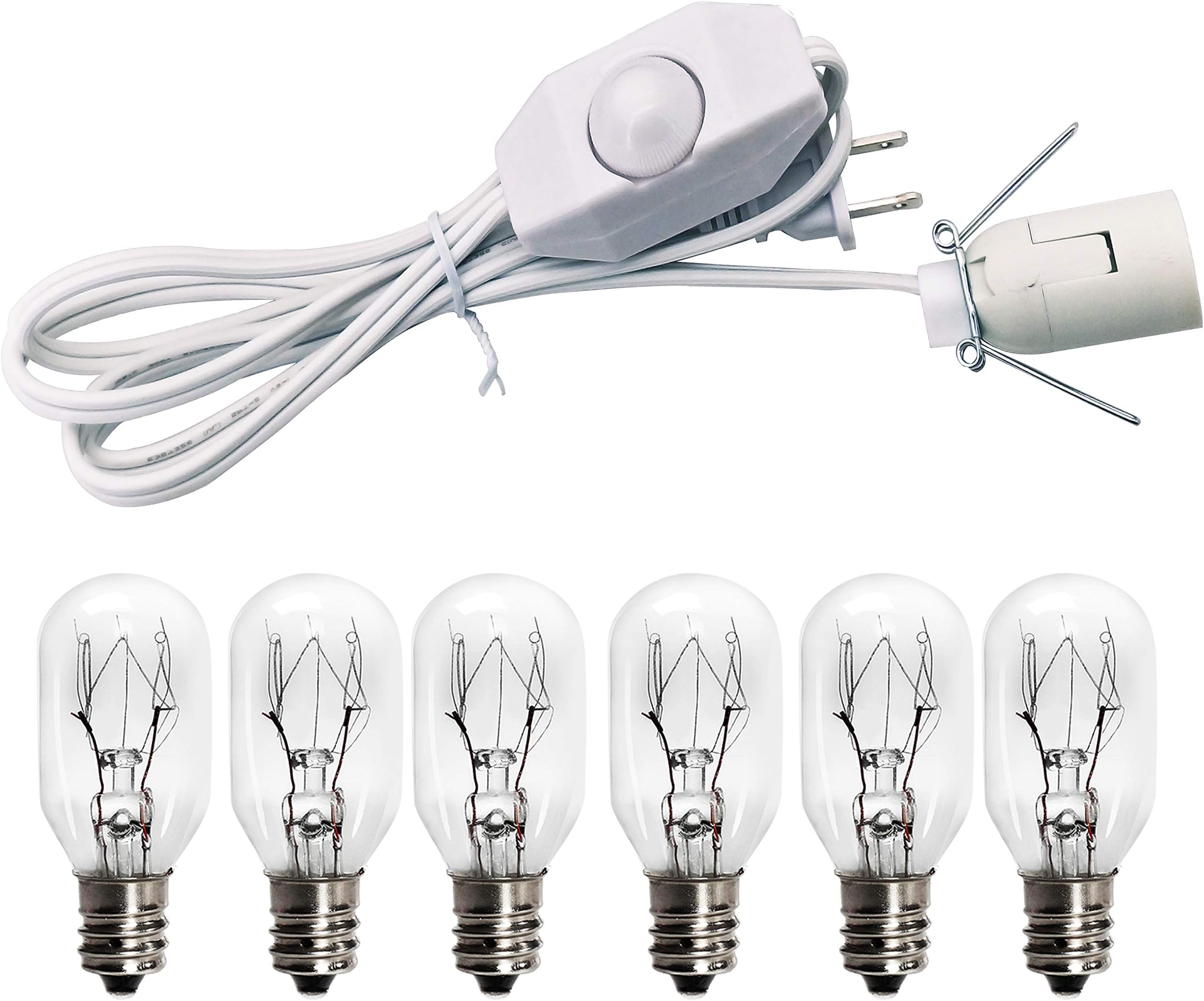 haraqi White Himalayan Salt Rock Lamp Original Replacement Cord with Dimmer Switch and 6 Piece 25 Watt E12 Socket Incandescent Bulbs UL Certified 6 Foots Long