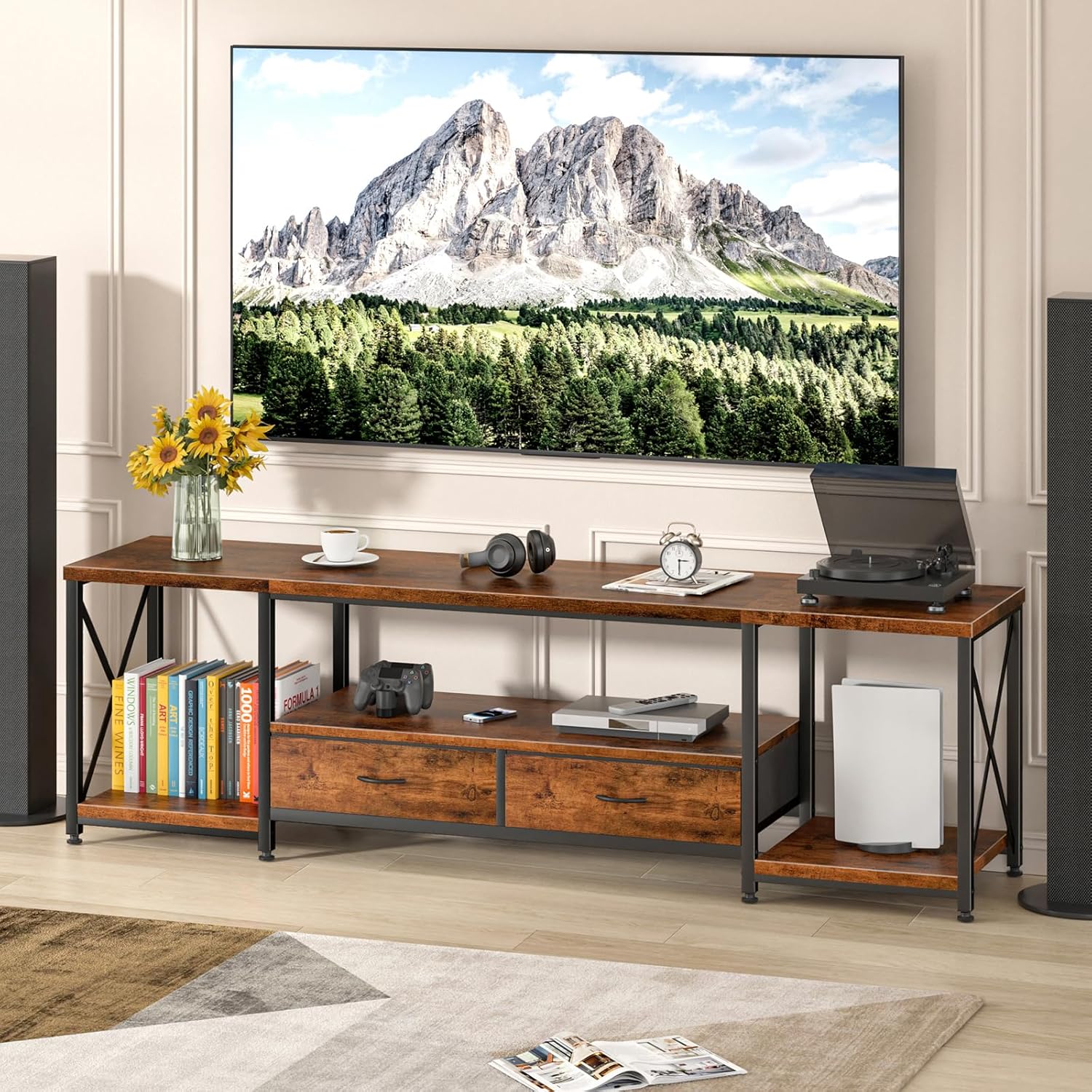 GYIIYUO TV Stand with Fabric Drawers - Entertainment Center and Industrial Console Table with Open Storage Shelves for Living Room, Bedroom - 71.5" Rustic Brown - Image 6