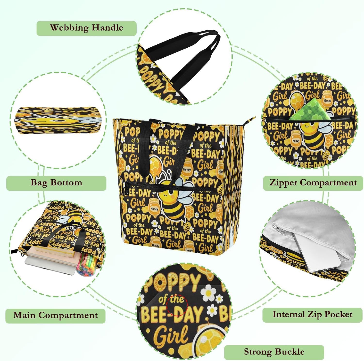 decorative Kids Cute Tote Bags for Kids Students Adults The Bee-day Girl Funny Bee Birthday Minimalist design Reusable Grocery Bag with Zipper Pockets for School Shopping Travel