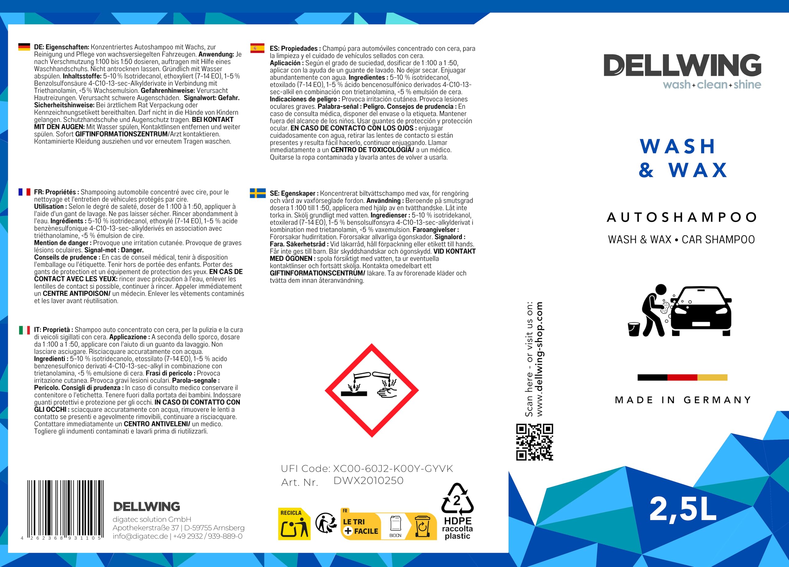 Dellwing Wash & Wax Shampoo auto concentrato 10 l, shampoo auto con cera, lavaggio e cura esterna, Made in Germany
