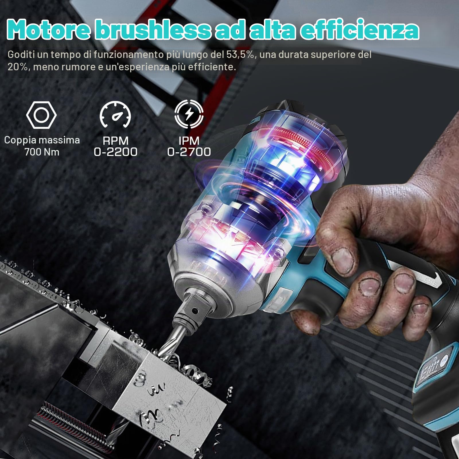 Avvitatore a Impulsi Brushless Compatibile con Makita 18V | 1/2" 700Nm Chiave a Urto Elettrica, Coppia Elevata Avvitatori a Massa Battente con 6 bussole, Trapano Batteria (700N)