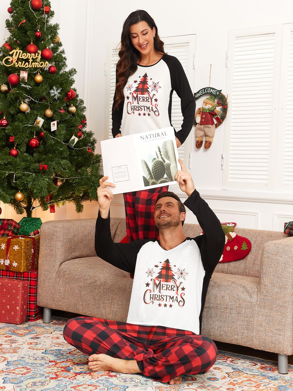 Pijamas de Navidad para parejas, hombres y mujeres, pijamas de manga larga a cuadros navideños estampados con bolsillos