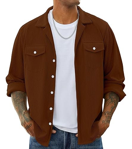 hawalili Mens Corduroy Jacket Shirts Long Sleeve Button Down Shacket Jacket with Flap Pockets