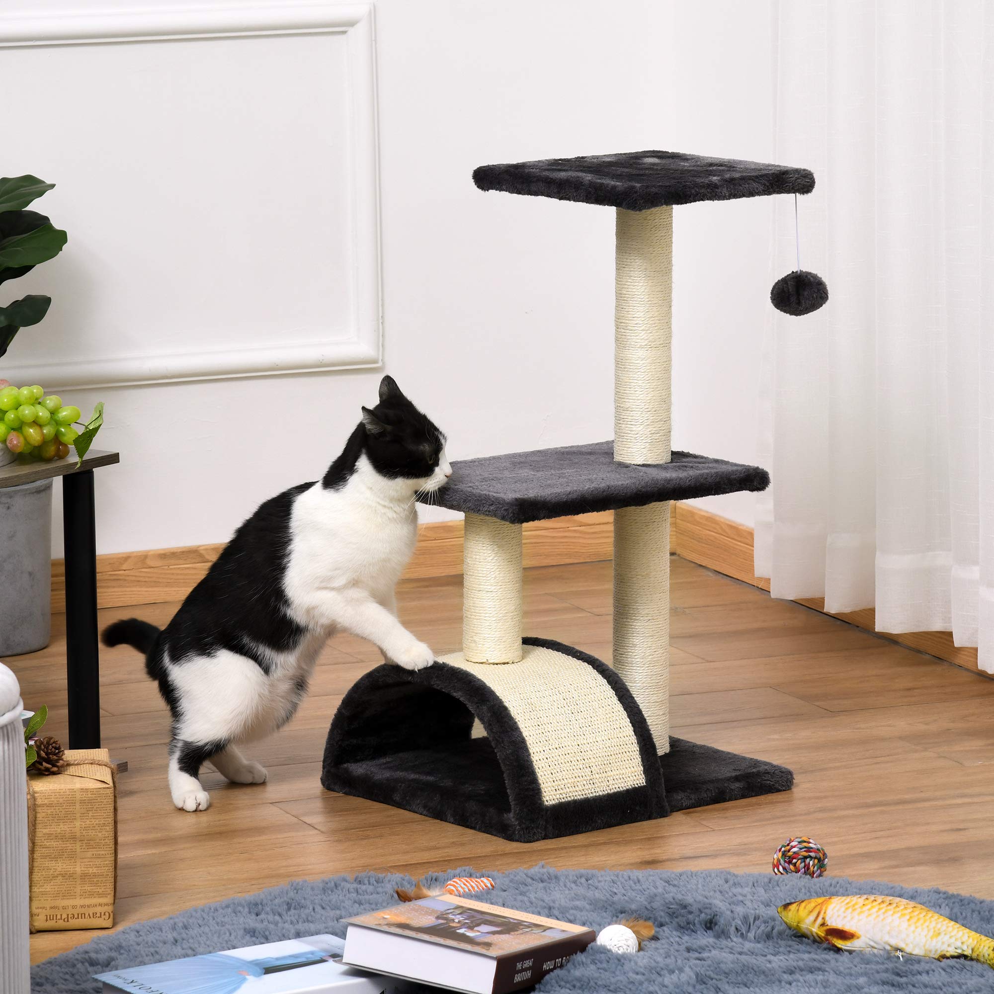 PawHut Albero Tiragraffi per Gatti a 3 Livelli 72 cm con Tappetino Tiragraffi ad Arco, Albero per Gatti Multilivello, Trespolo per Gatti con Pallina in Legno, Peluche e Sisal, Grigio