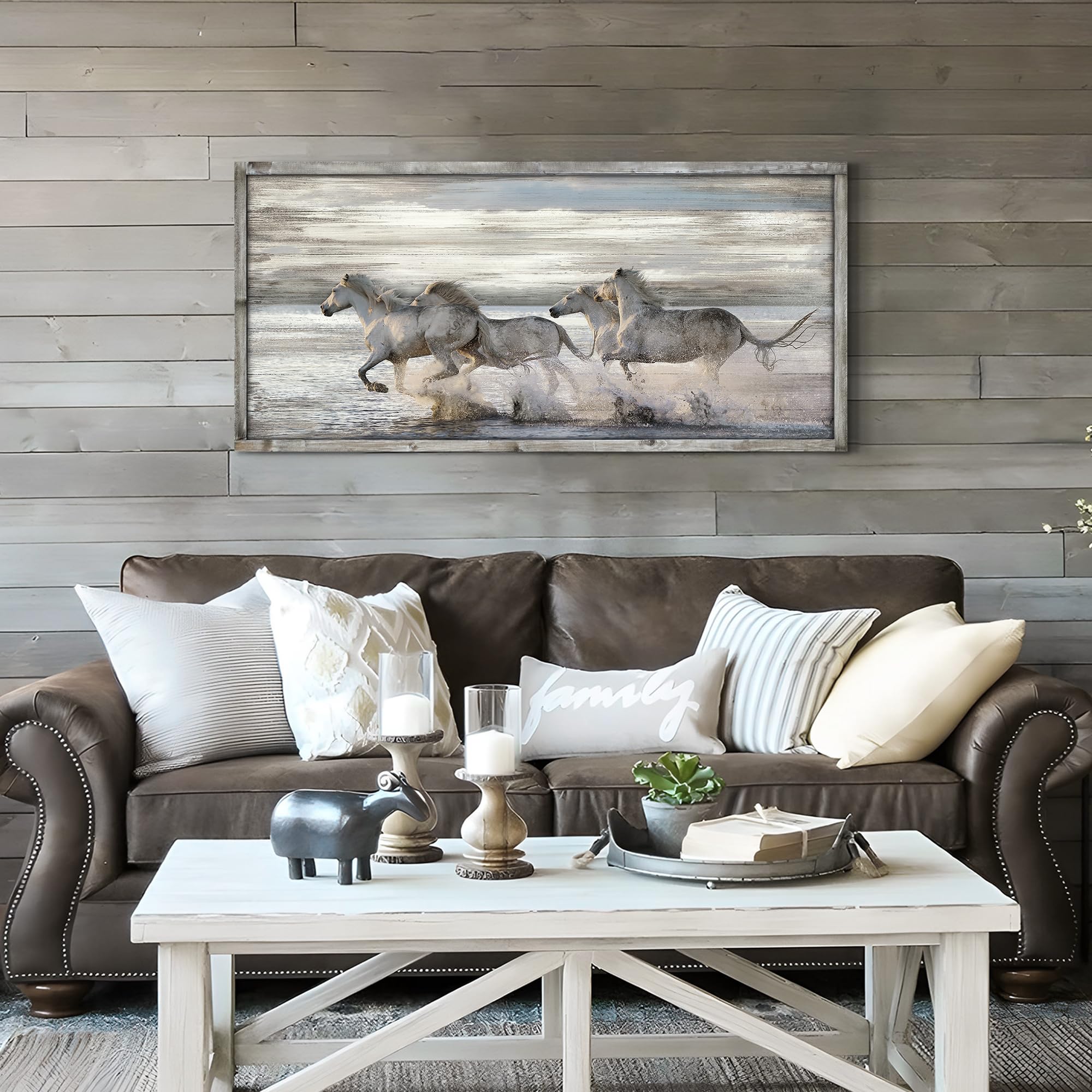Horses Wall Art - Quadro da parete con cornice a cavallo rustico, animali selvatici, stampa su pallet di legno, per soggiorno, 80 x 64 cm