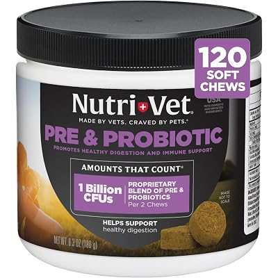 Nutri-Vet Pre & Probiotics for Dogs, Digestive Support, Upset Stomach, Puppy Probiotic, Pet Vitamins and Supplements, Dog Probiotics, Liver & Cheese Flavor, 120 Soft Chews