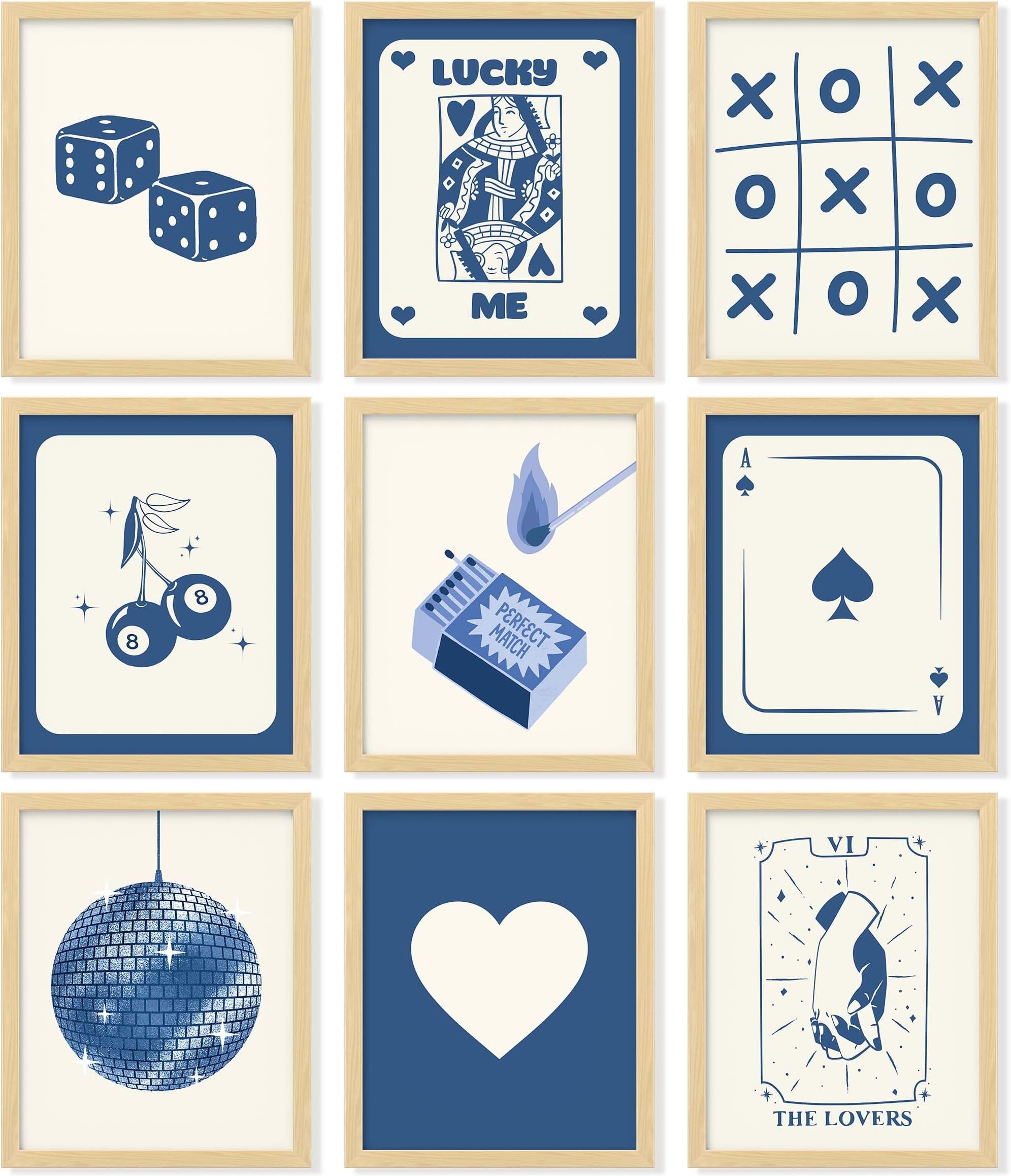 97 Decor Blue Lucky Poster - Playing Card Wall Art, Poker Room Decor, Blue Trendy Wall Art, Funky Posters Aesthetic Pictures, Retro Ace Prints Queen of Hearts Decor for Bedroom (8x10 UNFRAMED)
