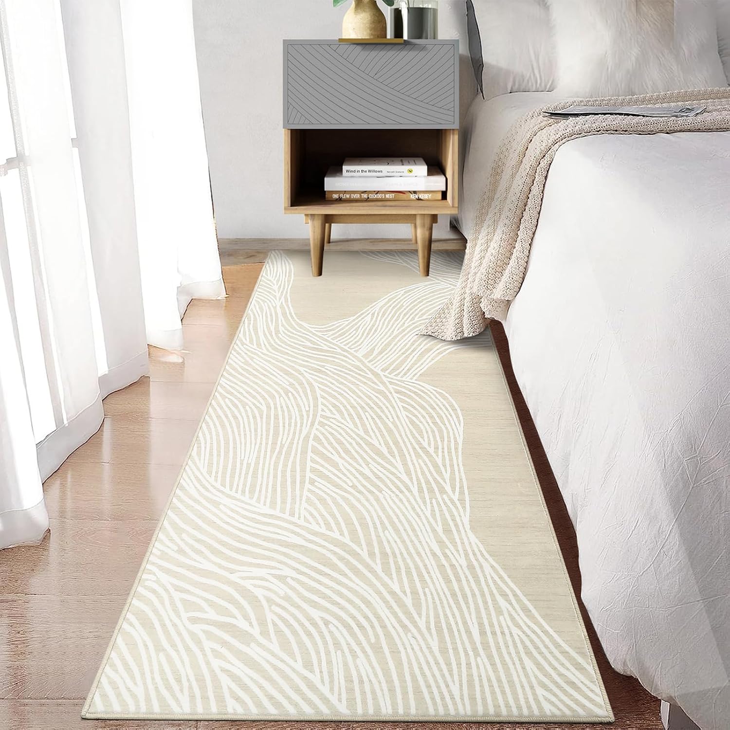 GarveeHome Entryway Runner Rug 2x6 Modern Abstract Runner Rug Non-Slip Washable Rugs for Hallway Indoor Soft Faux Wool Floor Cover Contemporary Kitchen Runners Low Pile Rugs for Laundry Bedside Beige