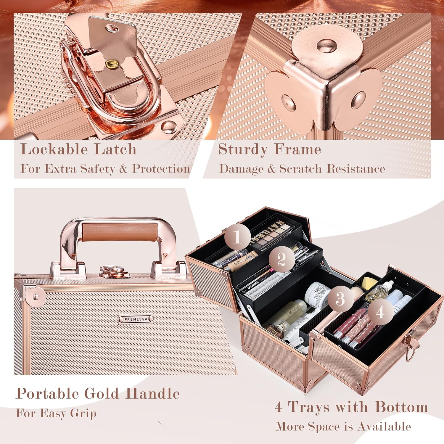 FRENESSA Makeup Train Case Makeup Case Travel Cosmetic Box Organizer Portable Make Up Box with Dividers Lockable for Artist Nail Sewing Vanity Storage Makeup Travel Case Rose Gold - Image 4