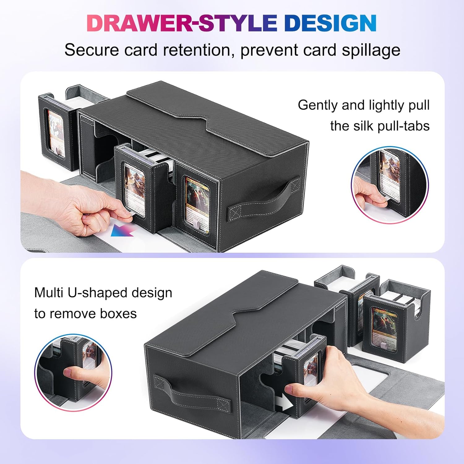 UAONO Commander Deck Box for MTG, 6-Deck Modular Card Case with Dice Tray Holds 600+ Double-sleeved Cards, Removable Trading Cards Storage Box with 35PT Magnetic Card Holders for TCG, Black Grey