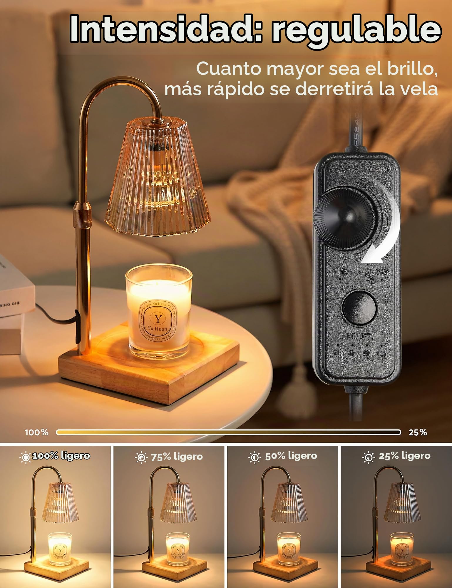 Lámpara calentadora de Velas con Temporizador, Calentador Regulable para Velas en Frasco, Calentador de Cera de Altura Ajustable con 2 Bombillas
