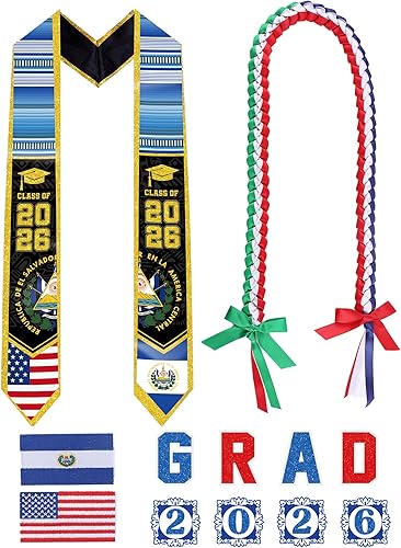 Graduation Leis Class of 2026, USA El Salvador Graduation Stole with Leis Set fo
