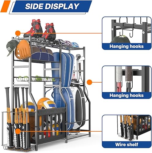 Miniatura 5 de Garage Sports Equipment Organizer, Strong Load Bearing Golf Bag Organizer, Multi Use Golf Ball Rack Basketball Rack for Sports Gear and Outdoor Toy