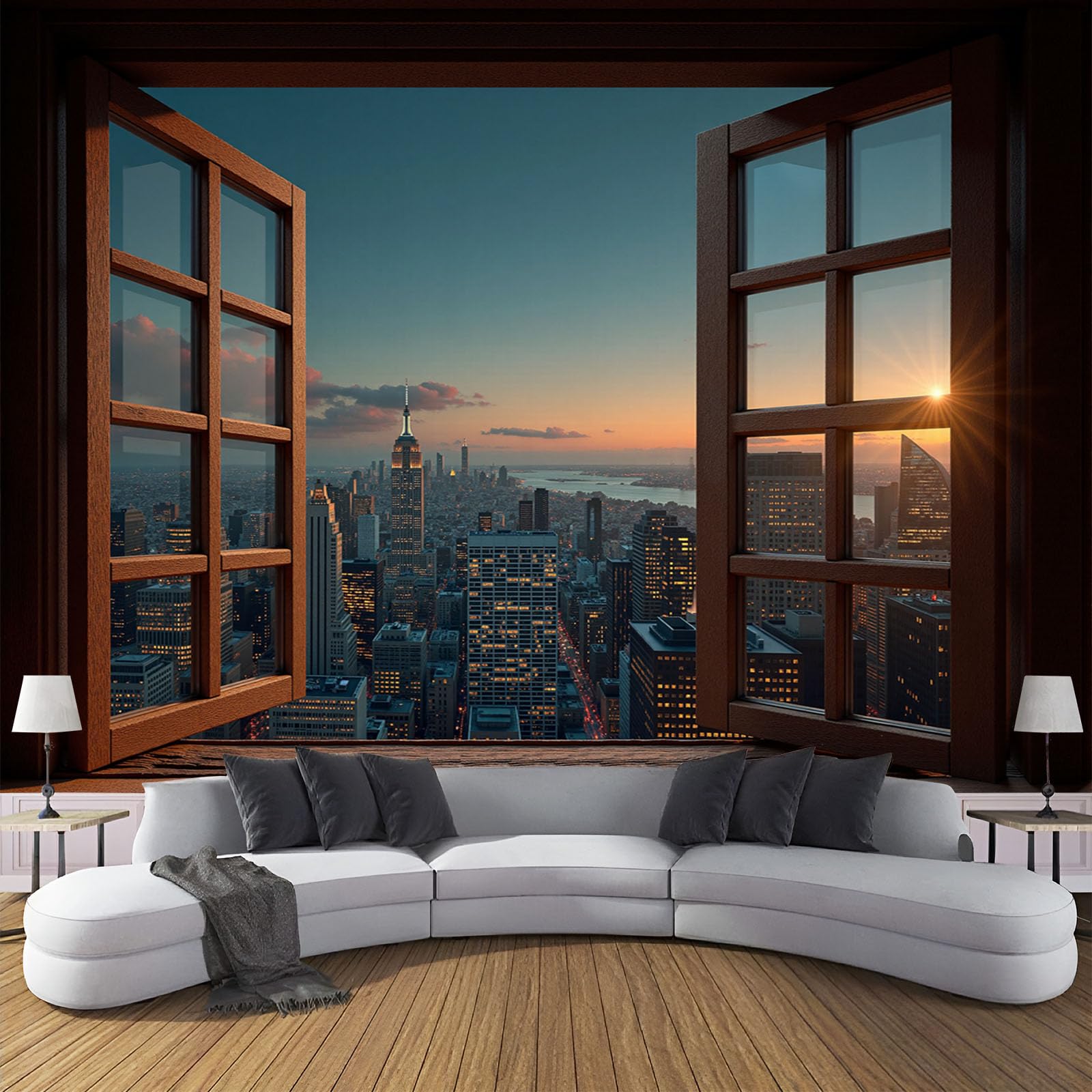 Papier peint panoramique ville 3D pour un salon moderne et lumineux