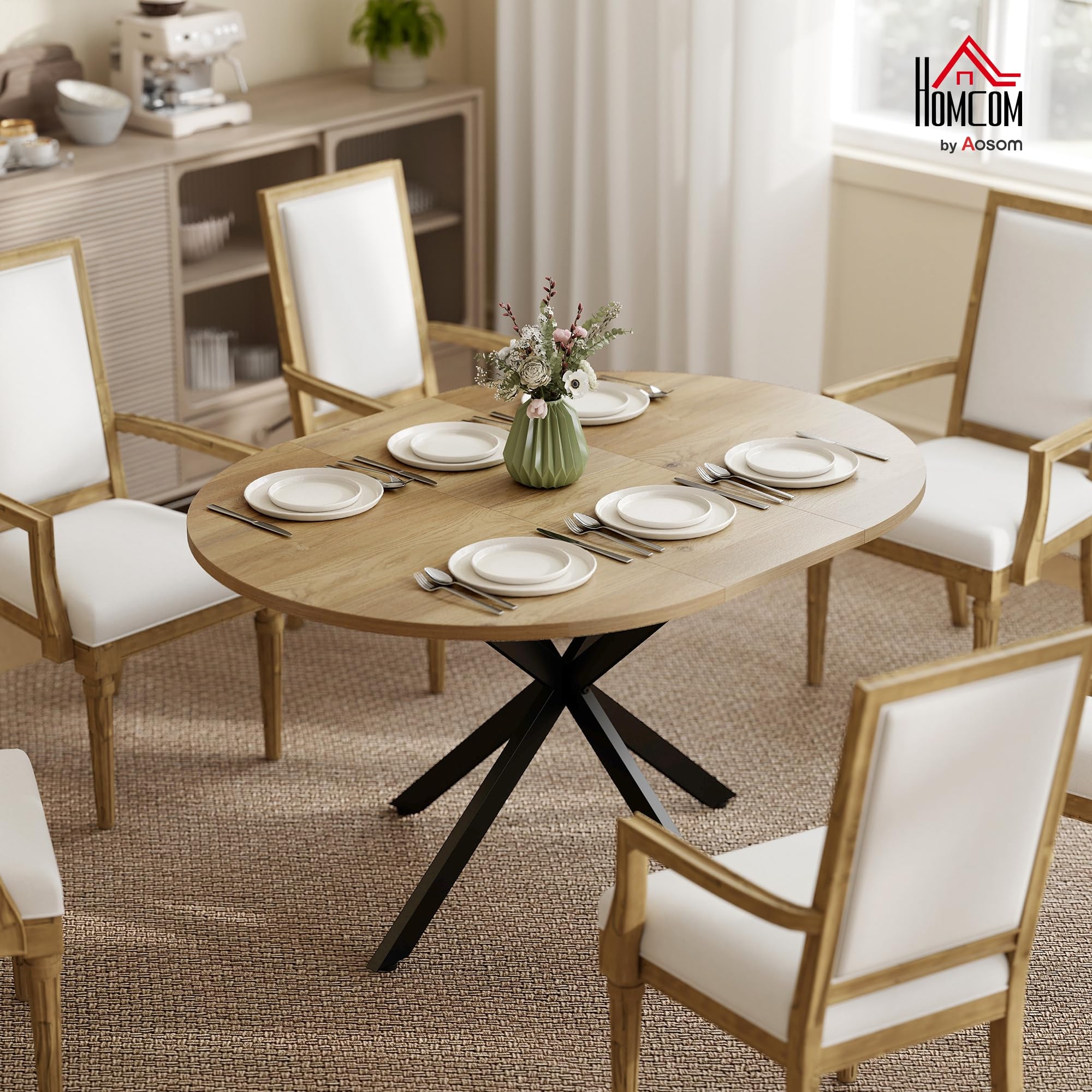 HOMCOM Tavolo da Pranzo Allungabile 4-6 Persone Base X 100-135cm Naturale | Pannelli a Farfalla, Tavolo Rotondo Allungabile ad Ovale, Stile Industriale, per Sala da Pranzo, Soggiorno