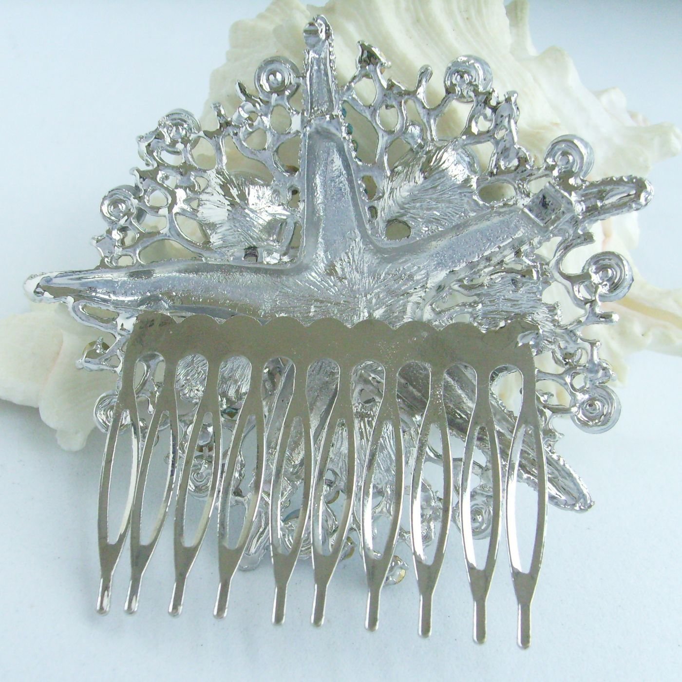 Wedding Headpiece 3.15" Rhinestone Crystal Pearl Bridal Starfish Hair Comb HZ6412 (Silver-Tone Blue)