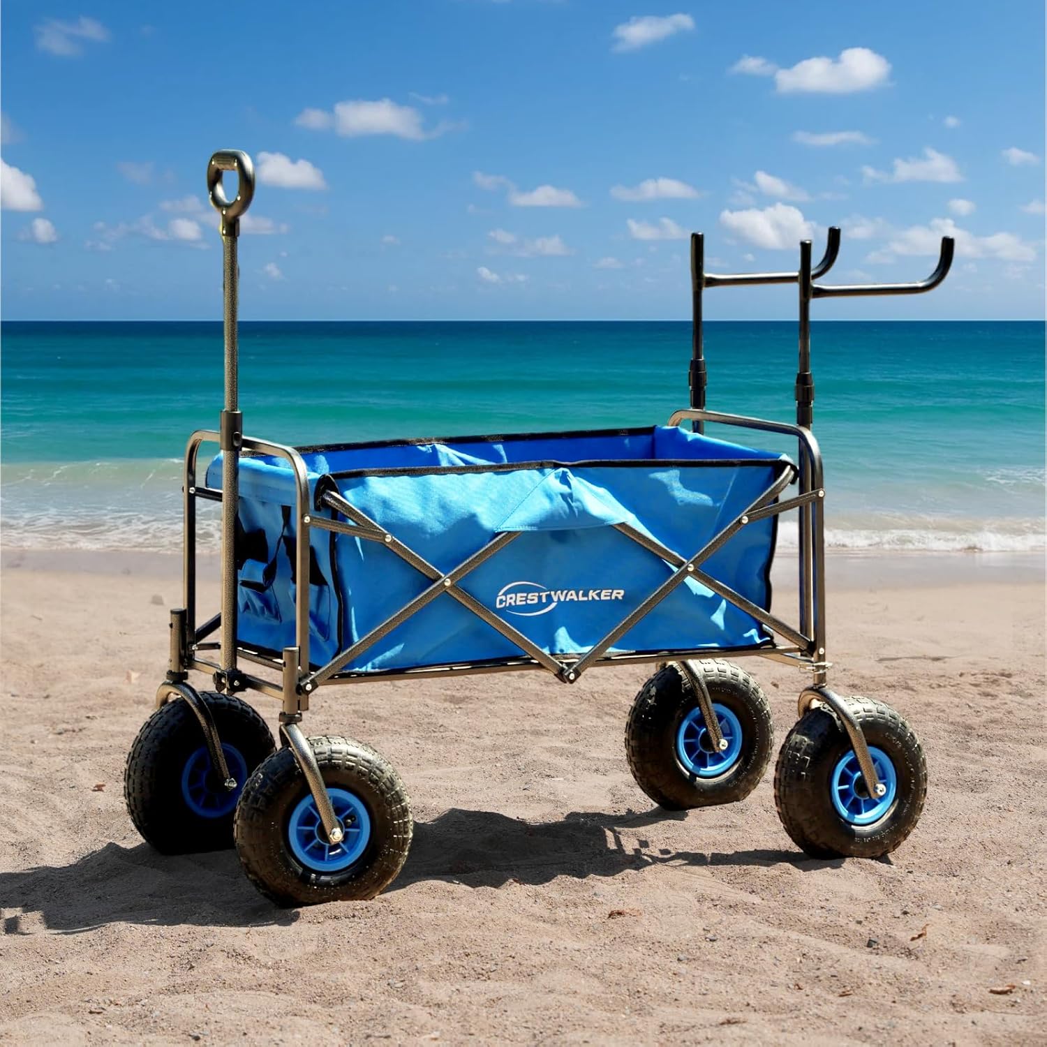 10" Rubber Wheels Foldable Wagon, 300lbs Heavy Duty Utility Cart with All-Terrain Inflatable Tires, Beach Cart with Big Wheels for Sand (with Chair Holders)