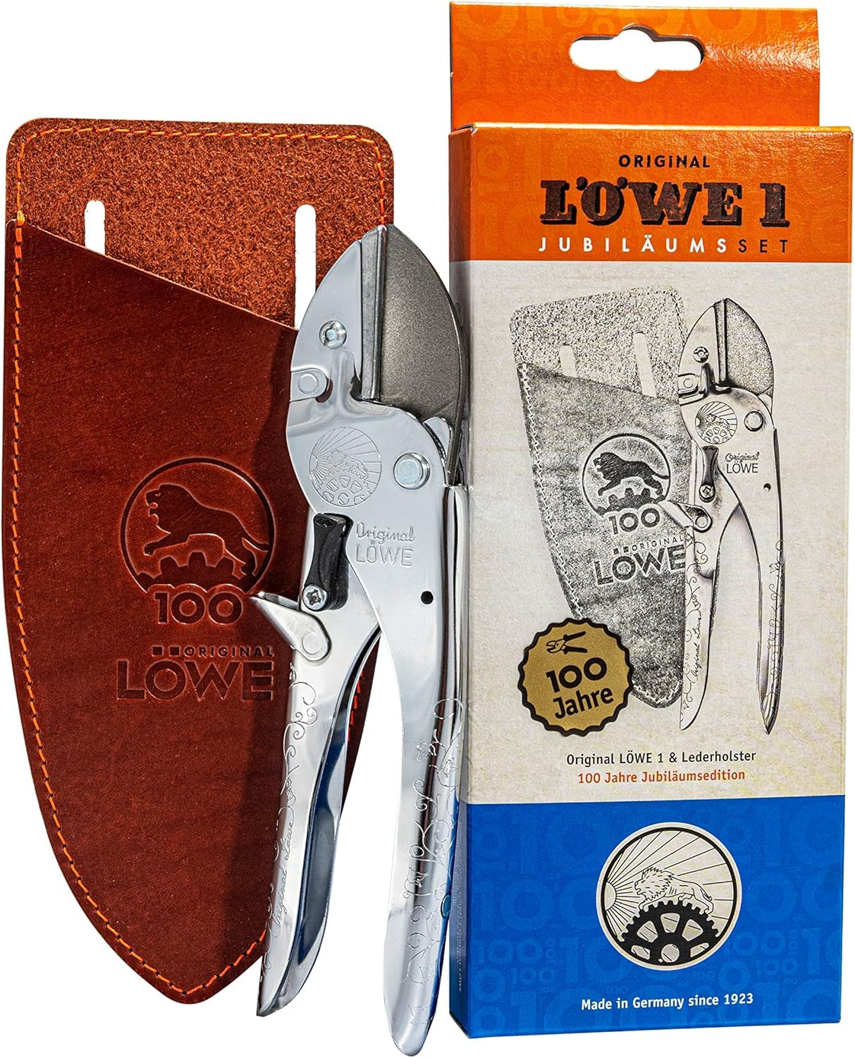 Original LÖWE 1, 100 Jahre Jubiläumsedition - Profi Gartenschere Amboss Schere 1.100 aus Metall mit rostfreier Stahlklinge zusammen mit handgefertigtem Lederholster
