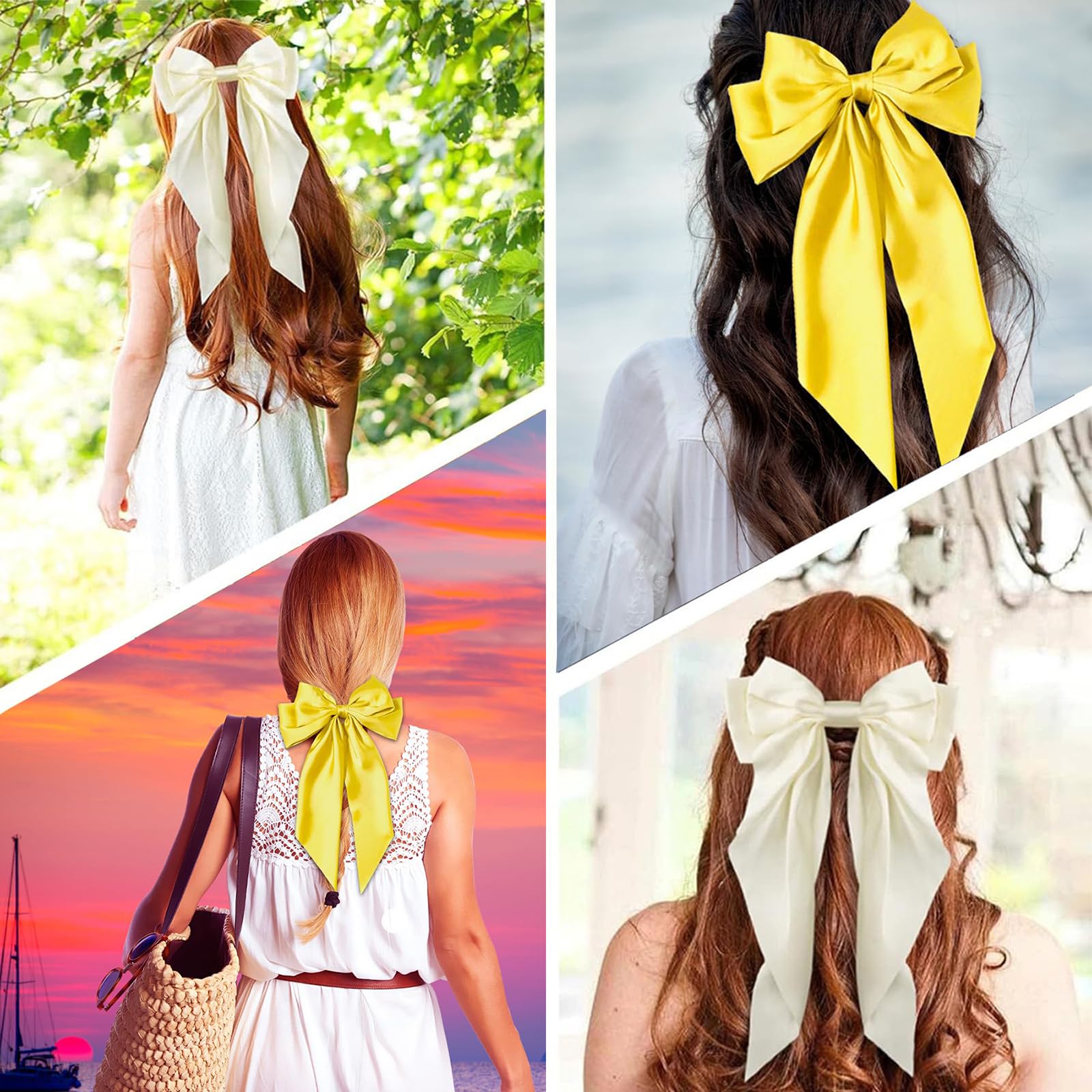 NiceYnn 2pcs Hair Bows Clips for Women French Big Bowknot with Long Satin Ribbon Hair Barrette Clips Silky Spring Clip Hair Bows Oversized Long Tail Ponytail Holder French Hair Styling Beige+Yellow - Image 4