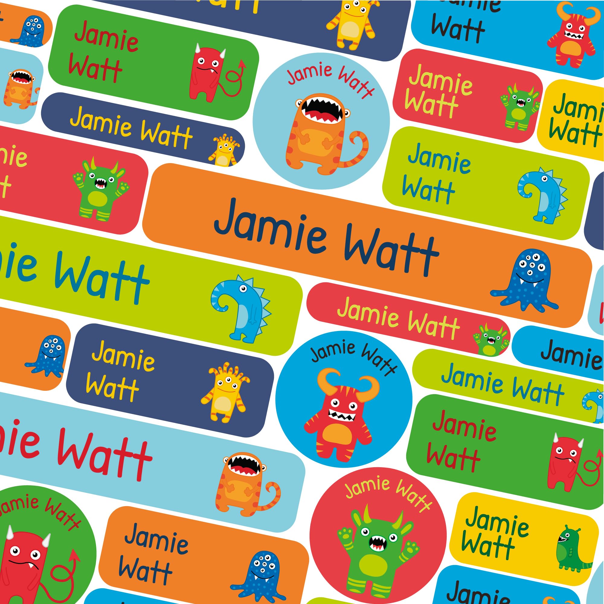 50 Name Labels for Kids No Iron Name Tags for Clothes Name Stickers for Water Bottles, School Uniform, School, Nursery, Care Homes, Washable and Dishwasher Safe for Children (Monsters)