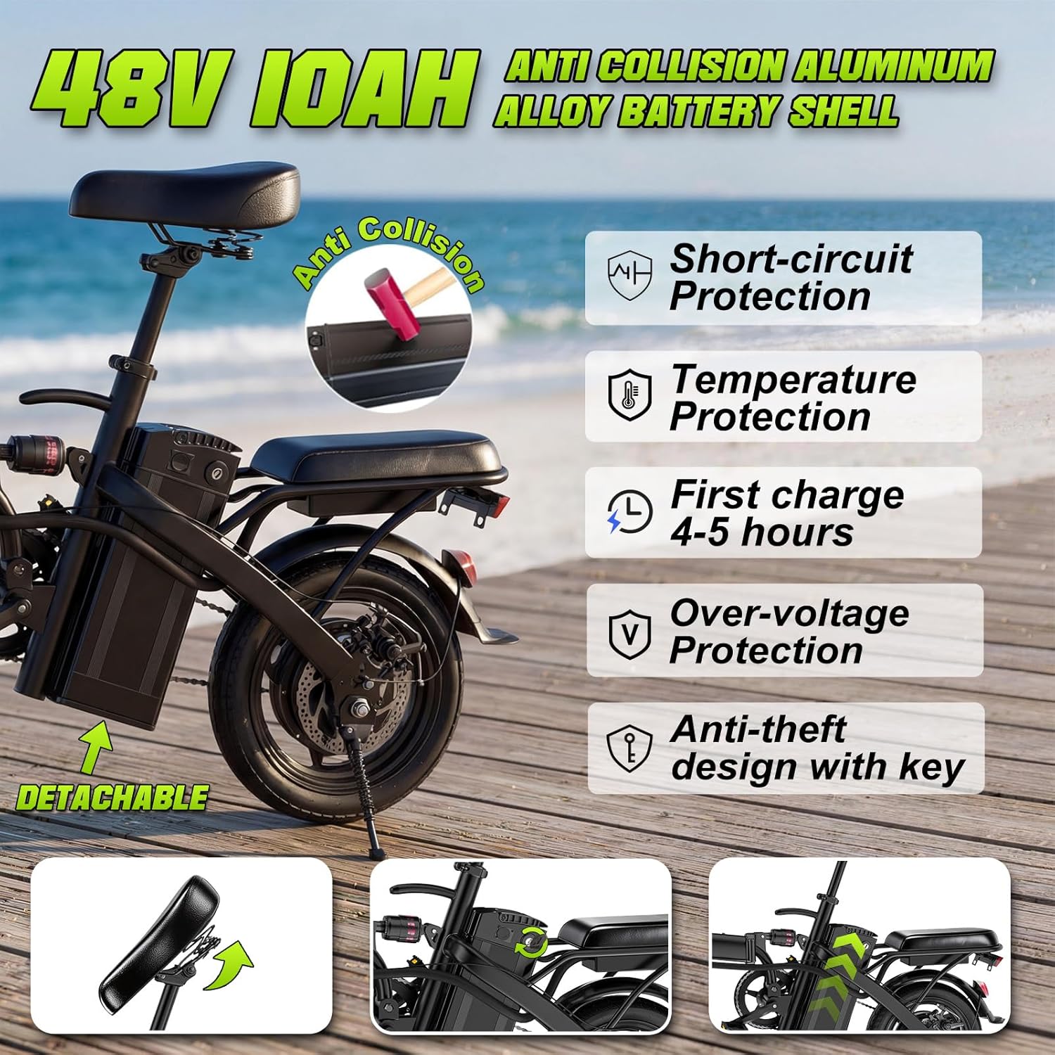 Electric Bike for Adults and Teens, 560W Motor 24MPH Compact Commuter Electric Bicycles, 32 Miles Range, 48V 10Ah Battery, 3 Shock Absorbers, 14" Foldable Ebike with Basket, UL 2849 Certified