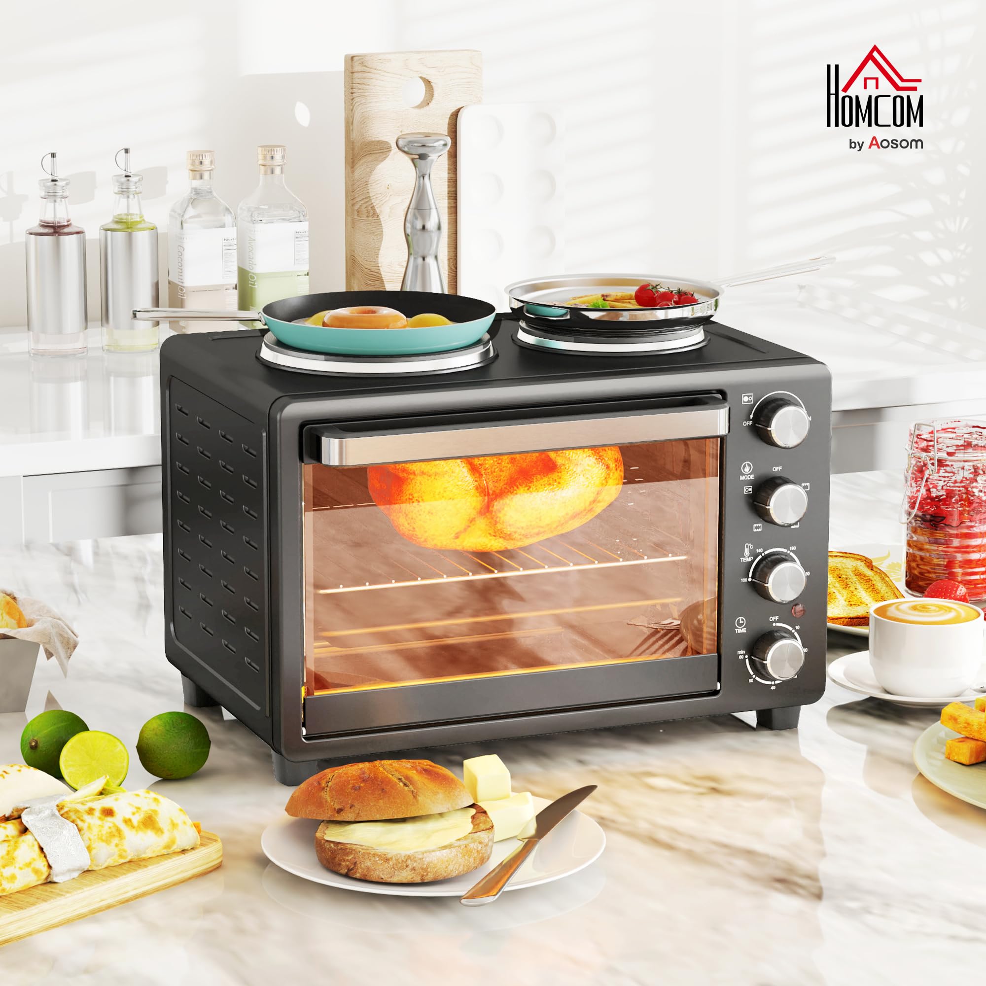 HOMCOM Minibackofen 28 L 2600W 100-230℃ Pizzaofen mit 60 Min. Timer, Grillrost 2 Kochplatten, Backblech, Mini Backofen mit Tablettgriff, Krümelblech, Schwarz
