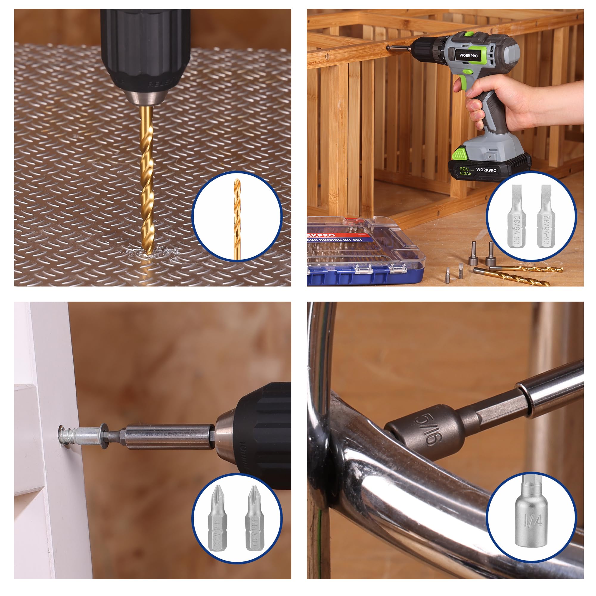 WORKPRO Set di punte per trapano, 120 pezzi, set di punte per avvitatore a percussione e set di punte per avvitamento e foratura di legno e metallo, con custodia, gambo esagonale da 1/4"