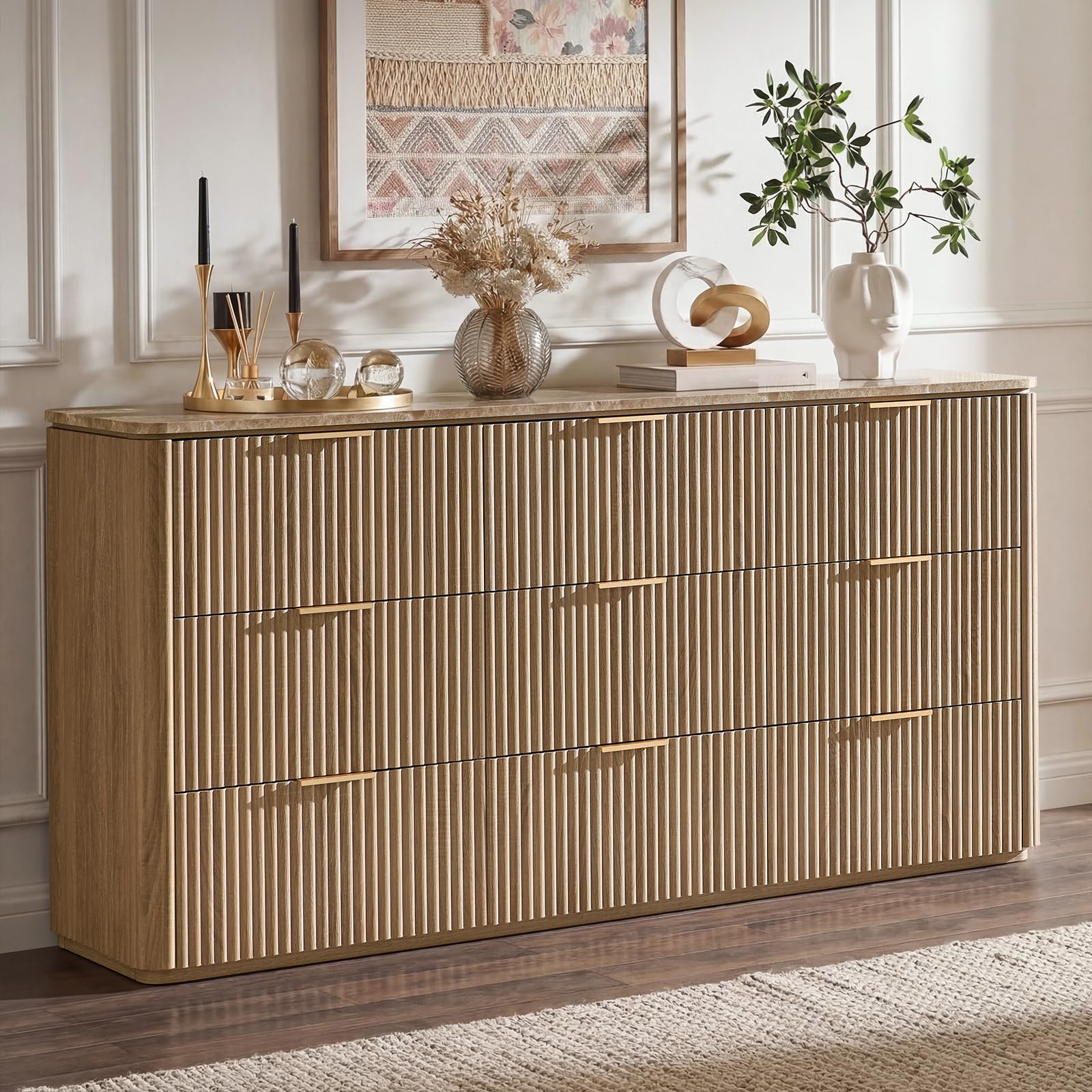 Dresser for Bedroom with 9 Drawers, 63"W Chest of Drawers, Fluted Dresser with Faux Marble Top, Curved Profile Design, Metal Handle, Wood Closet