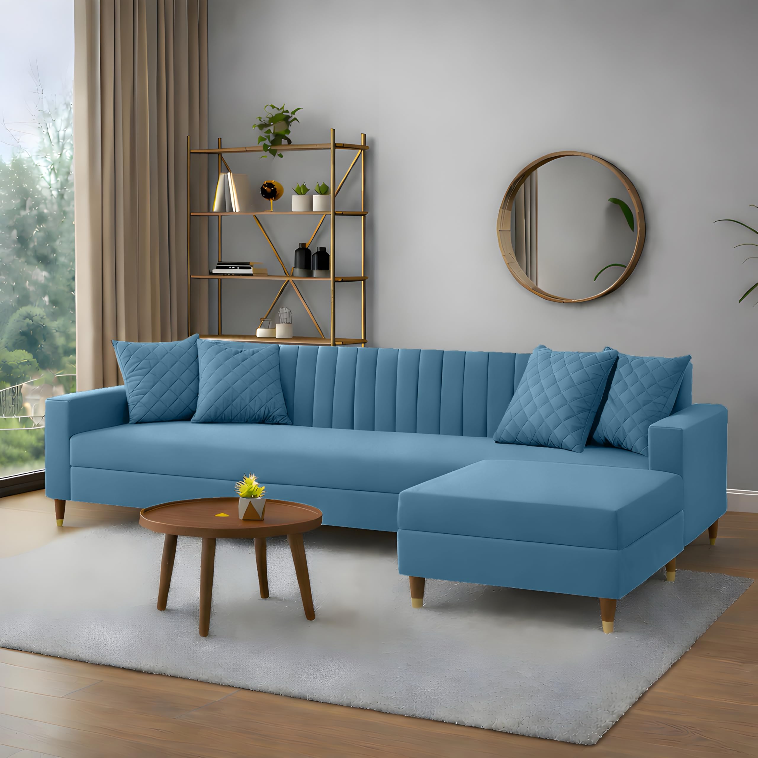 AMATA Elegant Solid Wood 4 Seater L Shape Sky Blue Suede Velvet Sofa Set with Four Cushions Perfect for Home Office Guests Living Room (02 Camel, L Shape)(03 Year Warranty)
