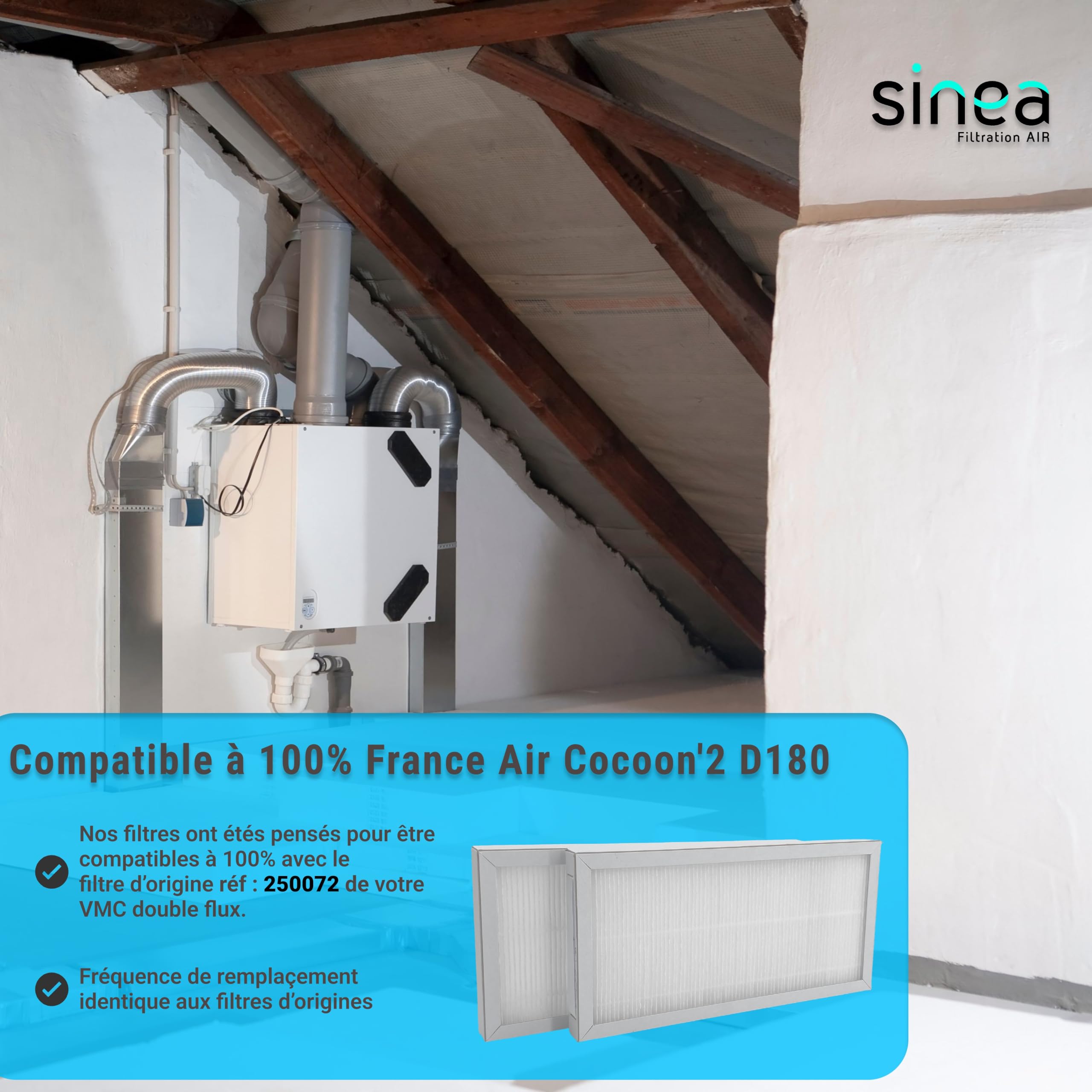 TOP FILTRE - Lot de 2 Filtres M6 Compatibles VMC Double Flux France Air Cocoon’2 D180 – Filtration Haute Performance – Dimensions 288 x 140 x 22 mm