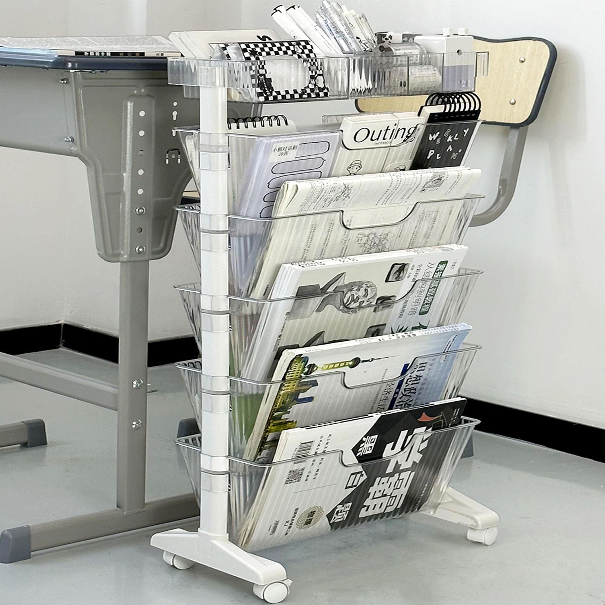 TUOYIBO Book cart5-Tier Plastic Mobile Bookshelf with Wheels Slim Rolling Storage Cart Rolling File Cart with Pen Holder White Folder File Storage Foroffice, Home