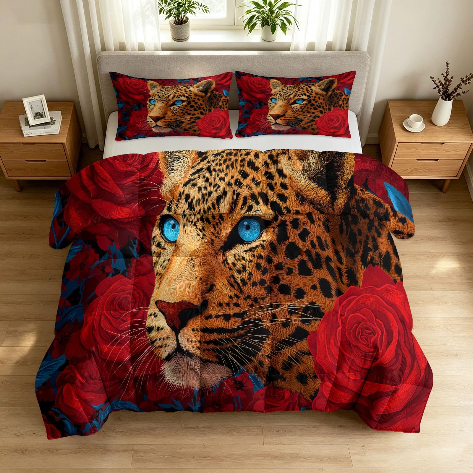 Poszewka na kołdrę King 7,5 Tog z 2 poszewkami na poduszki – 230 x 220 cm całoroczna kołdra dwustronna, gotyckie zwierzęce kwiaty lamparta, róże, lekka i przytulna, antyalergiczna, można prać w pralce
