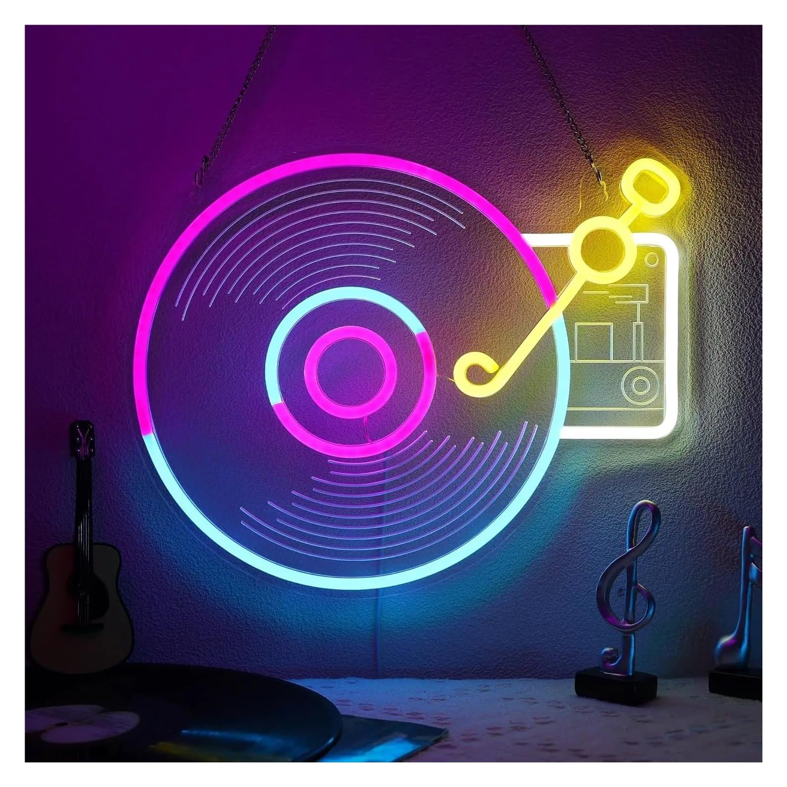 RONGCH Hanging Art Signs Record Player Neon Sign USB Dimmable Wall Art Decoration for Gameroom Bedroom Store Bar Party 35.8x28.9cm