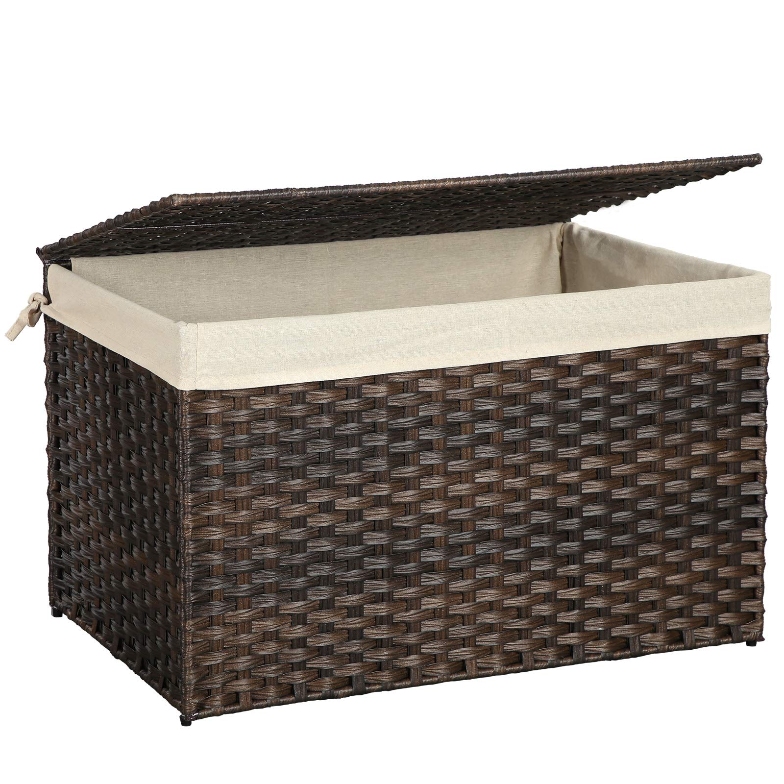 SONGMICS Storage Box with Cotton Liner, Rattan-Style Storage Basket, Storage Trunk with Lid and Handles, for Bedroom Closet Laundry Room, Brown URST76BR