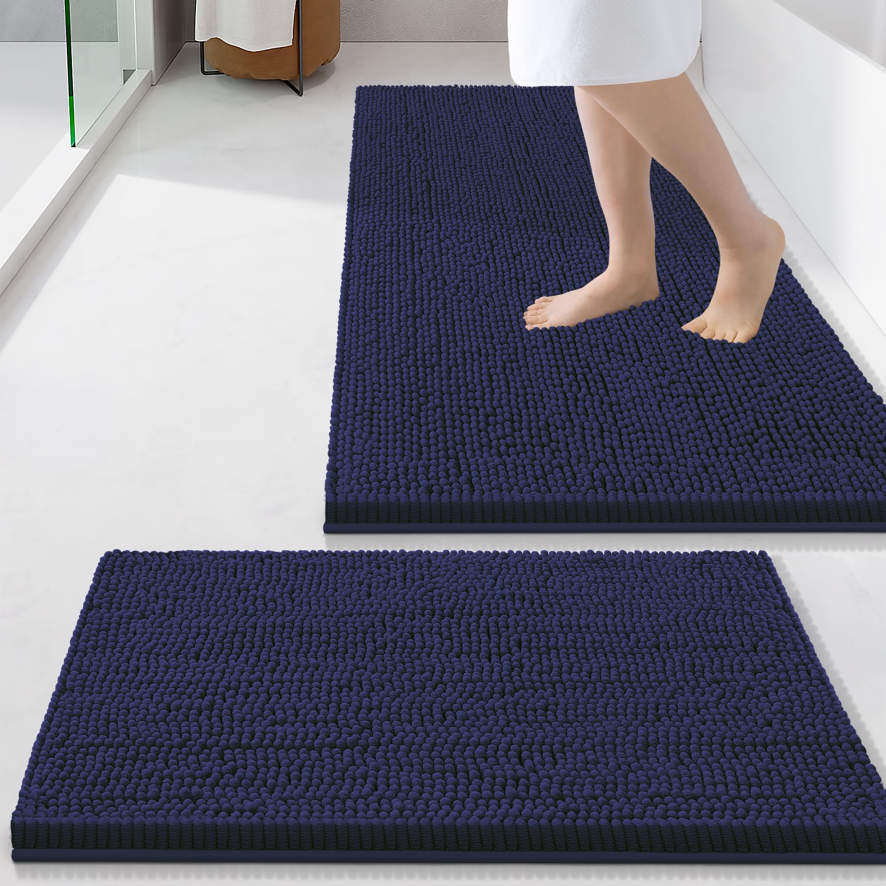 Smiry Chenille Bathroom Rugs Sets 2 Piece (34x21+24x16, Navy Blue)