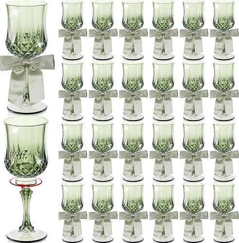 LemonRoad 24 copas de vino de plástico, copas vintage con lazos de cinta de satén, copas de champán irrompibles para Acción de Gracias, Navidad,