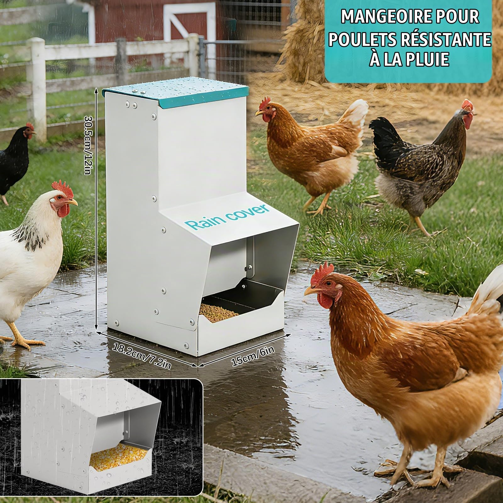 Distributeur De Nourriture pour Poules 10L en Métal, Anti Pluie, Exterieur | Mangeoire Pour Volailles, Bol Alimentaire Suspendable, Solide Et Facile À Nettoyer, Pas Besoin De Montage