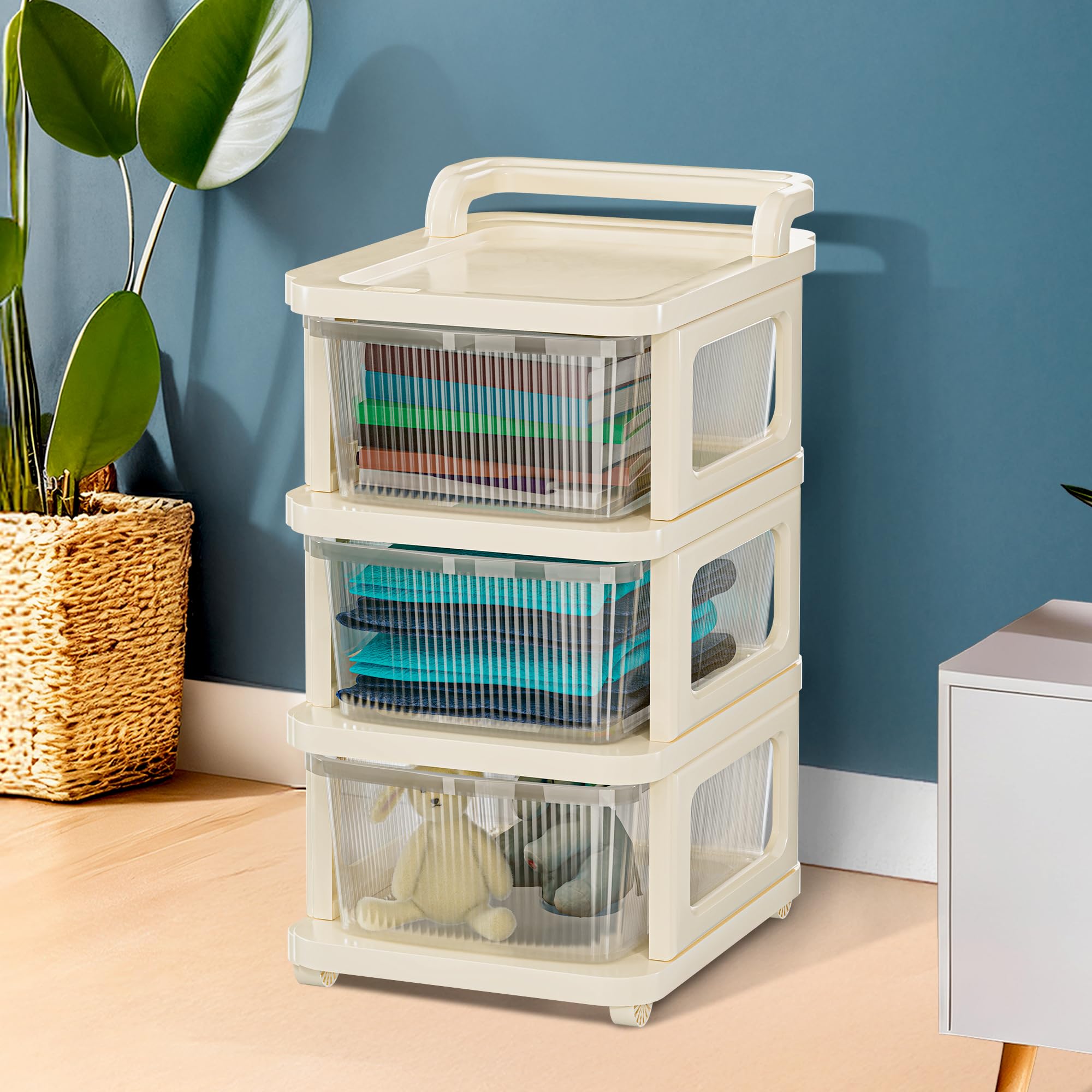 3 Layer Plastic Modular Storage Drawer Organizer with Wheels | Chest of Drawer Storage Box for Living Room, Office, School and Home | Toys Organiser for Kids Room | Transparent Ivory