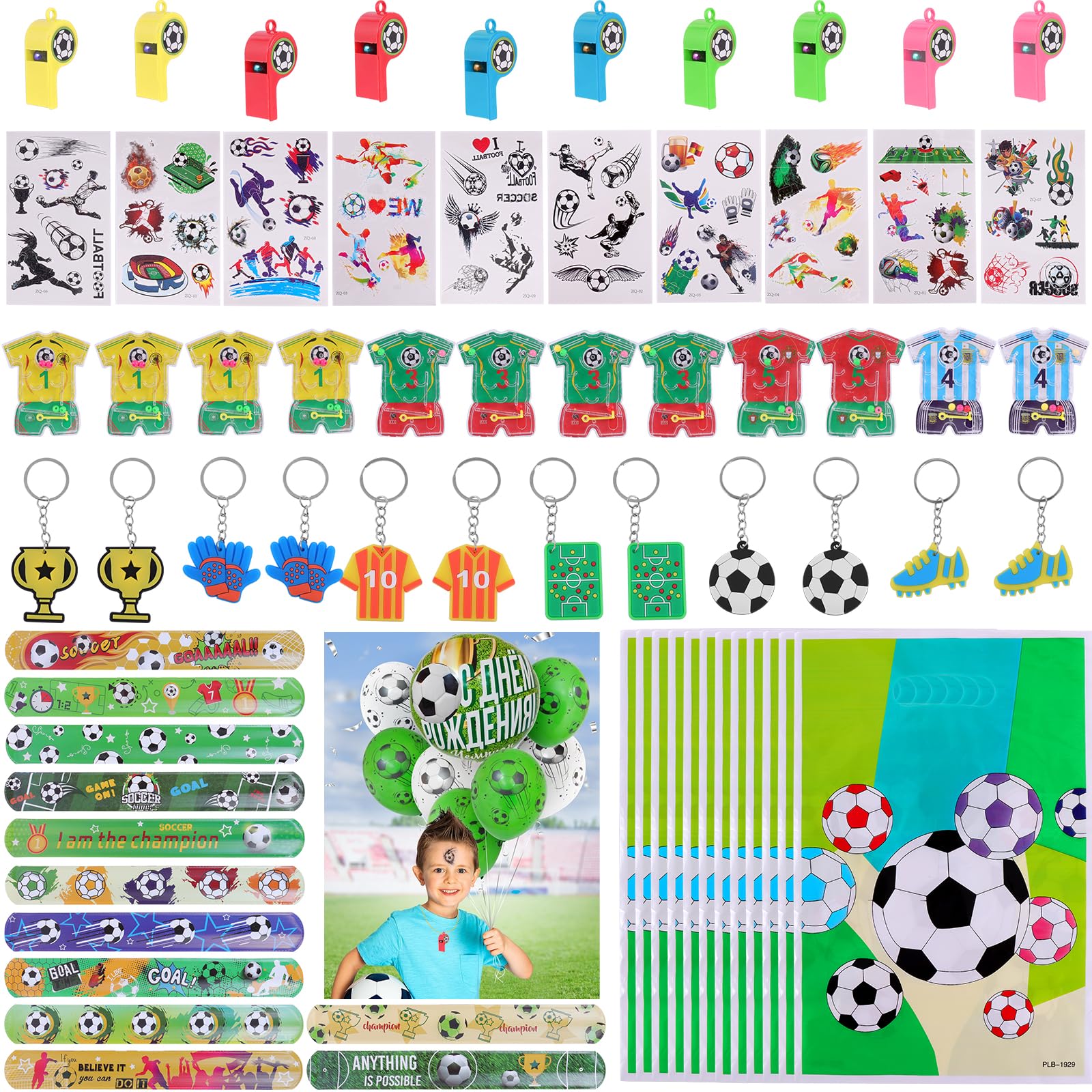 MOSTFUN 72 Pieces Football Gadget Birthday Children's Football Party Birthday Gift Kids with Silicone Bracelet, Key Chain, Whistle, Tattoos, Medals, Gift Bags