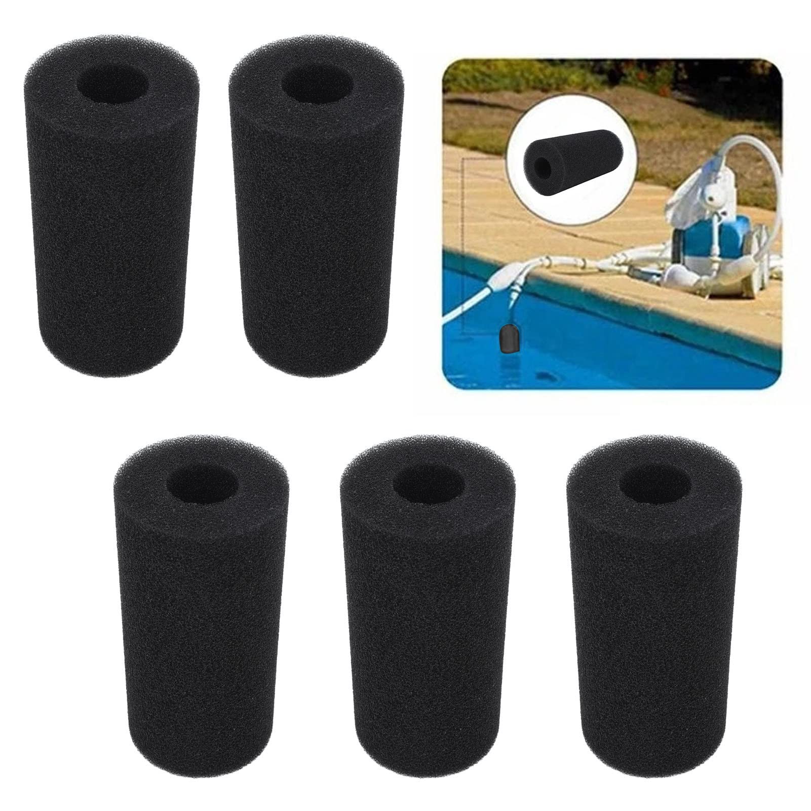 Leapiture 5PCS PU Pool Filter Sponge Swimming Pool Filter Reusable Washable Cylindrical Simming Pool Filter Foam Pool Skimmer Foam for Pool Pump Black (S)