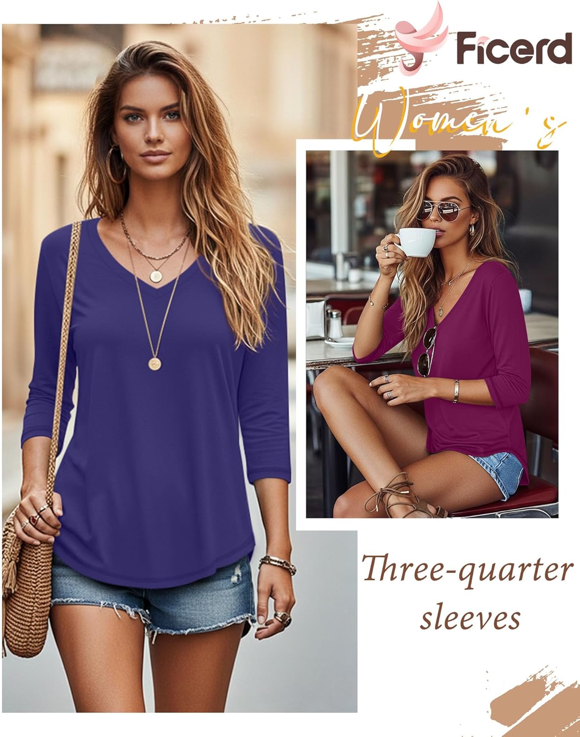 Ficerd 3 Pack Women's 3/4 Length Sleeve Tops V Neck T Shirts Loose Fit Blouses Casual Tees 2026 Fashion Clothes
