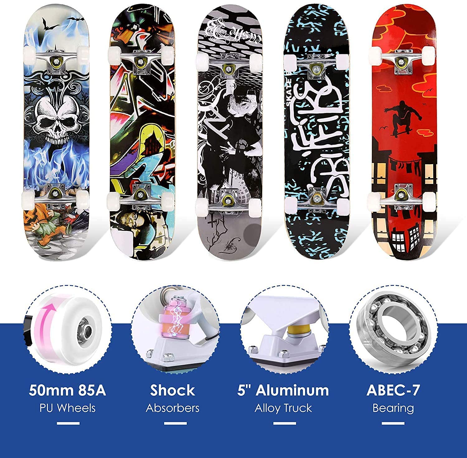 Skateboards Pro 78,7 cm komplettes Skateboard für Teenager, Anfänger, Mädchen, Jungen, Kinder, Erwachsene, 7-lagiges Ahornholz-Skateboard