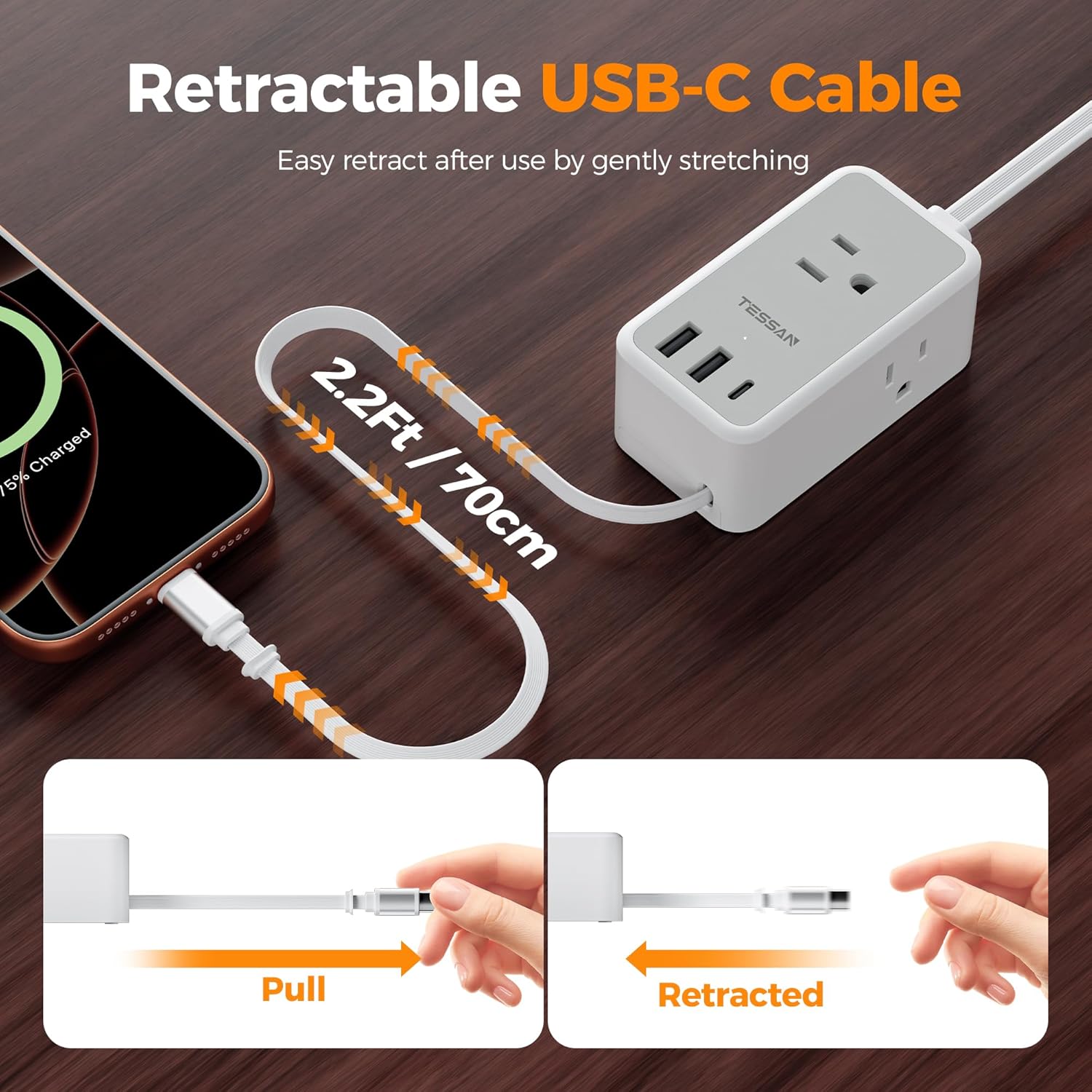 TESSAN Small Flat Plug Power Strip, Ultra Thin Extension Cord 5 ft, 3 AC Outlets 3 USB (1 USB C), 1 Retractable USB C Cable, Multiple Wall Outlet Extender for Cruise Travel Dorm Room Essentials