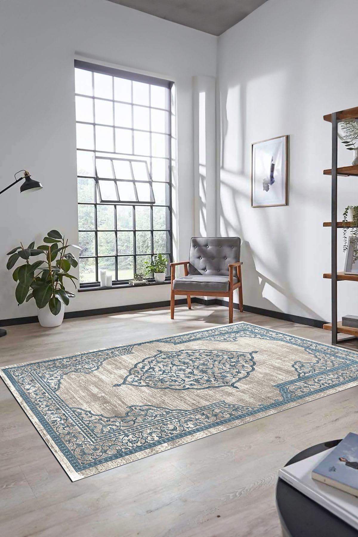 Evdeya Zarif Klasik Desen Dijital Kaymaz Taban Yıkanabilir Yolluk Mutfak Salon Halısı KLASİK-14, Mavi, 100 x 200