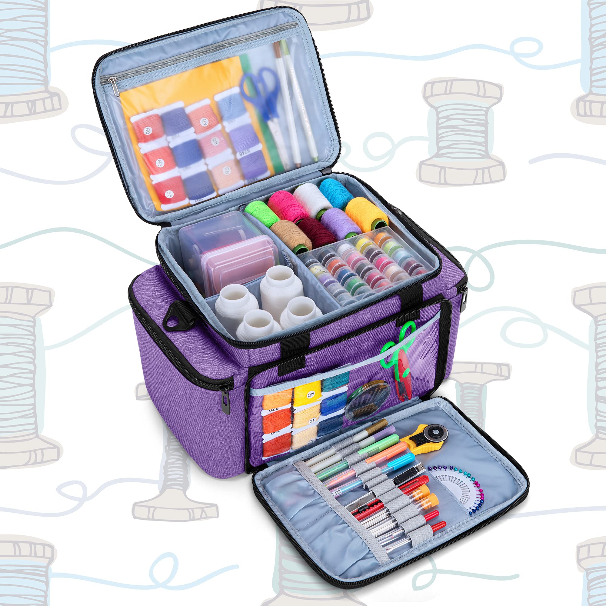 Borsa Kit Da Cucito CURMIO - Grande Con Tracolla, Tante Tasche, Per Filati, Forbici E Accessori, Grigio - Foto 9