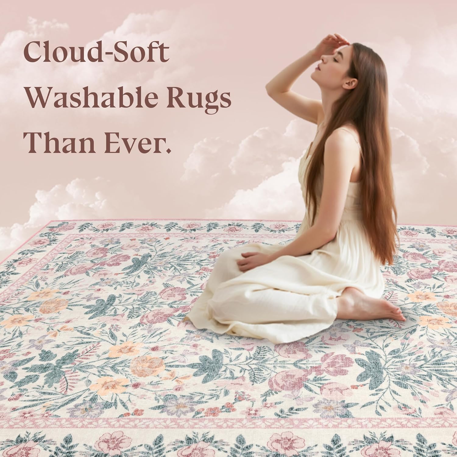 Pink Round Rugs 4ft: Floral Area Rug for Bedroom Nursery Kids Girls Room Living Room Boho Decor - Soft Non-Slip Non-Shedding Circle Carpet
