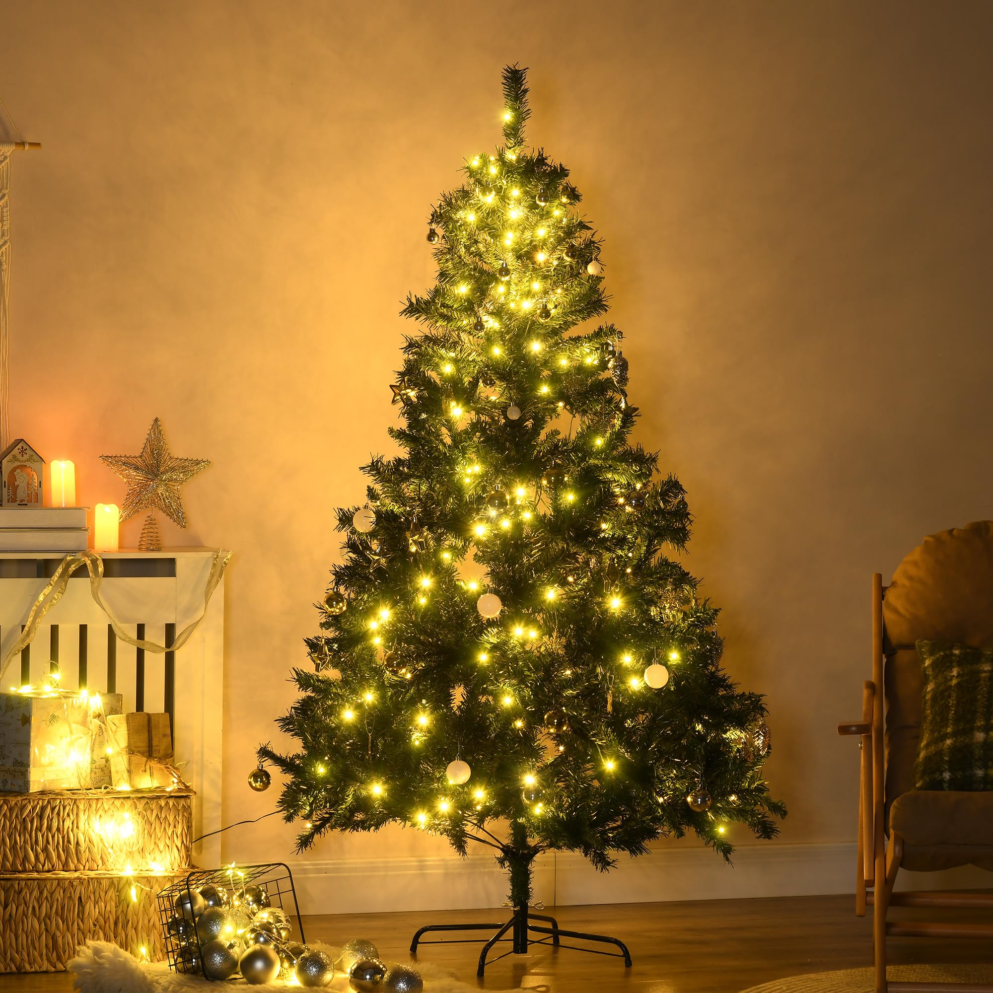 HOMCOM Árbol de Navidad con Luces LED Árbol Artificial Ø112x180 cm Verde | 180 cm, 745 Ramas, Bolas Adornos, Soporte de Metal