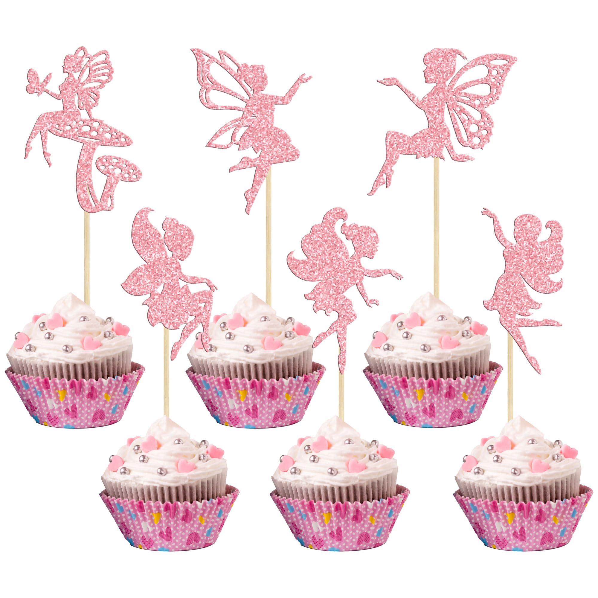 Gyufise 24Pcs Fairy Cupcake Toppers Glitter Flower Angel Fairy Cupcake Picks Ballet Dancer Cake Decorations for Wedding Bridal Shower Baby Shower Birthday Party Supplies Pink
