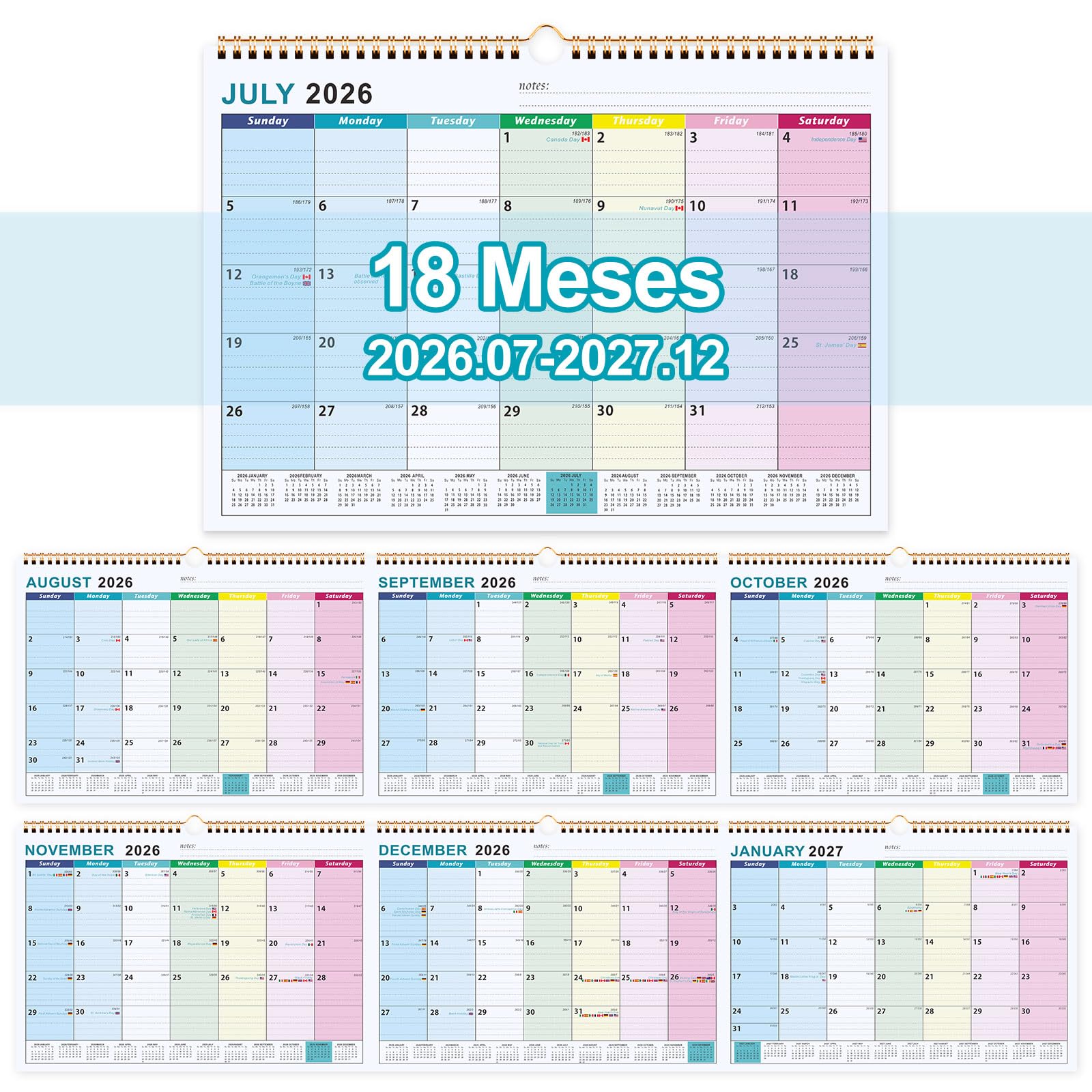 Benjia Calendario de pared 18 meses, calendar de mesa Julio 2026 - Diciembre ​​2027, A4 calendari planificador mensual, agenda calendario niños escolar 2026/2027 pared (Coloridas)
